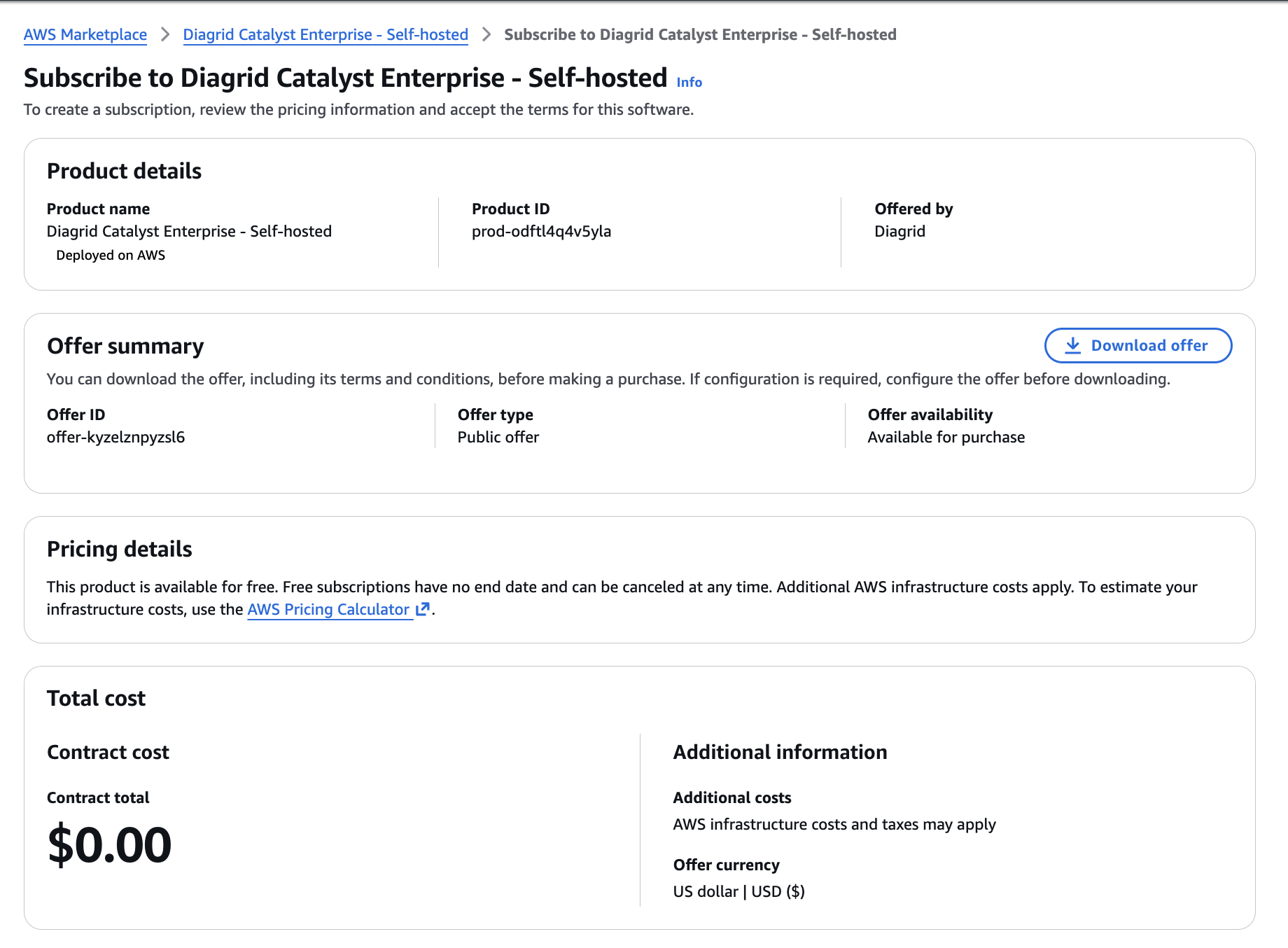 AWS Marketplace "Subscribe to Diagrid Catalyst Enterprise - Self-hosted" container listing page showing the free ($0.00) pricing details