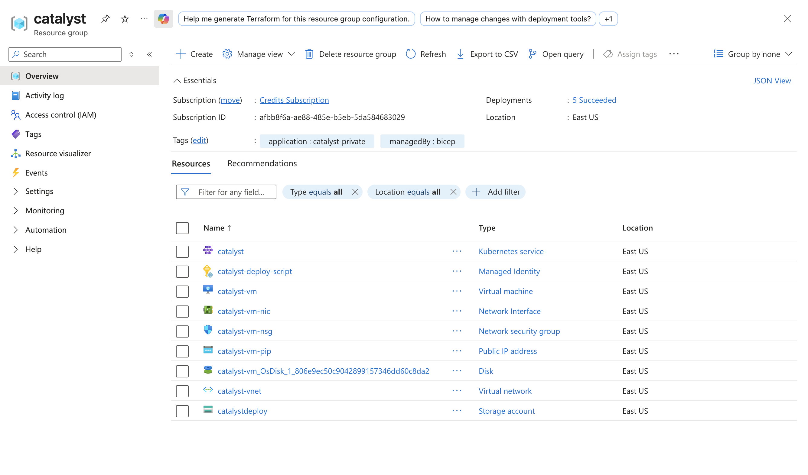 Azure Portal resource group showing the deployments as Succeeded and the created Catalyst resources