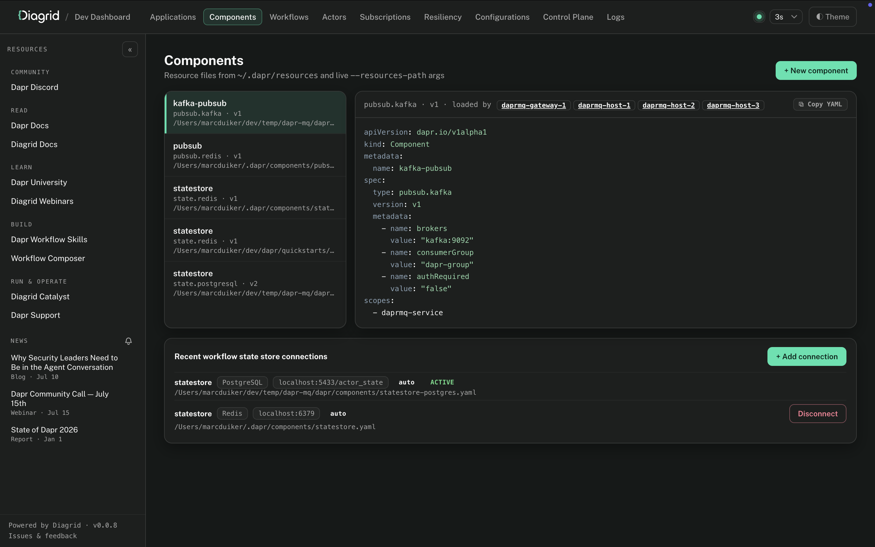 Components in the Diagrid Dev Dashboard