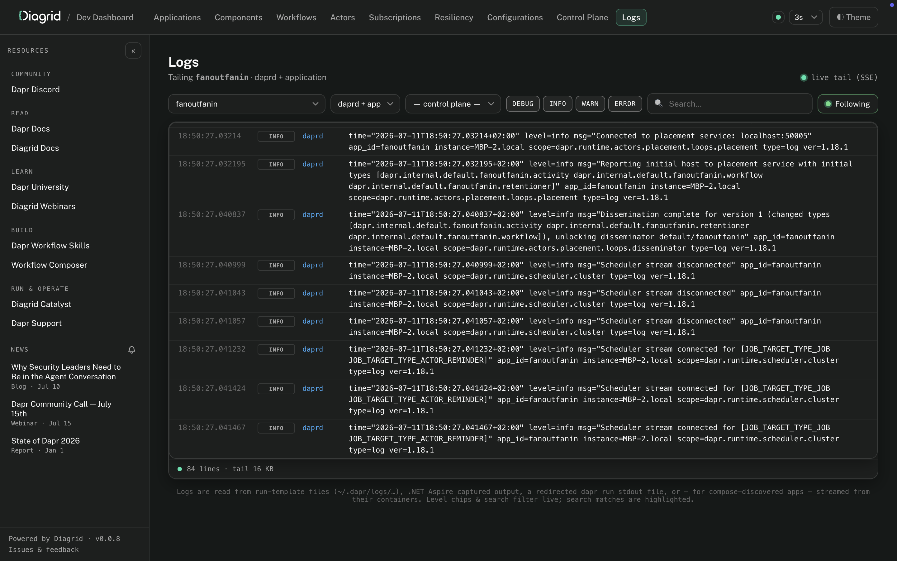 Log streaming in the Diagrid Dev Dashboard