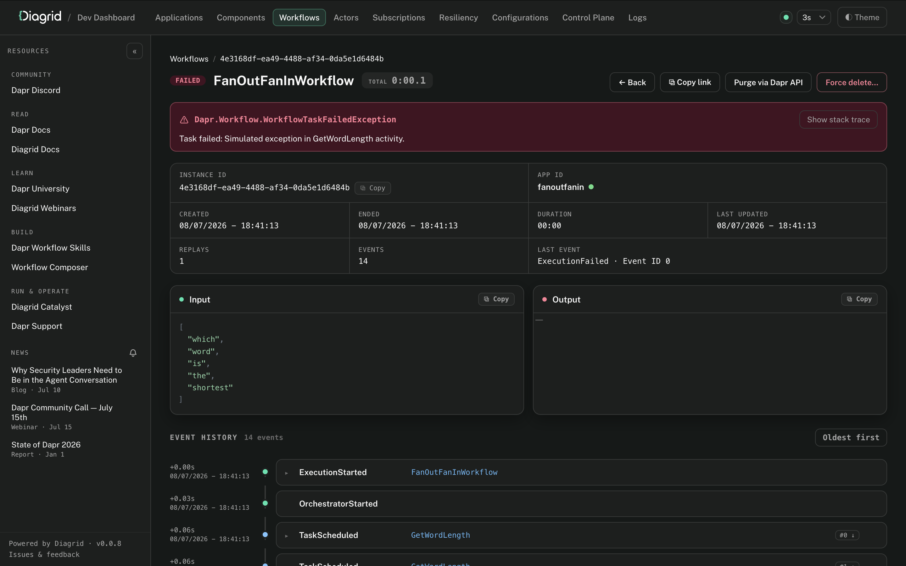 Workflow execution detail in the Diagrid Dev Dashboard
