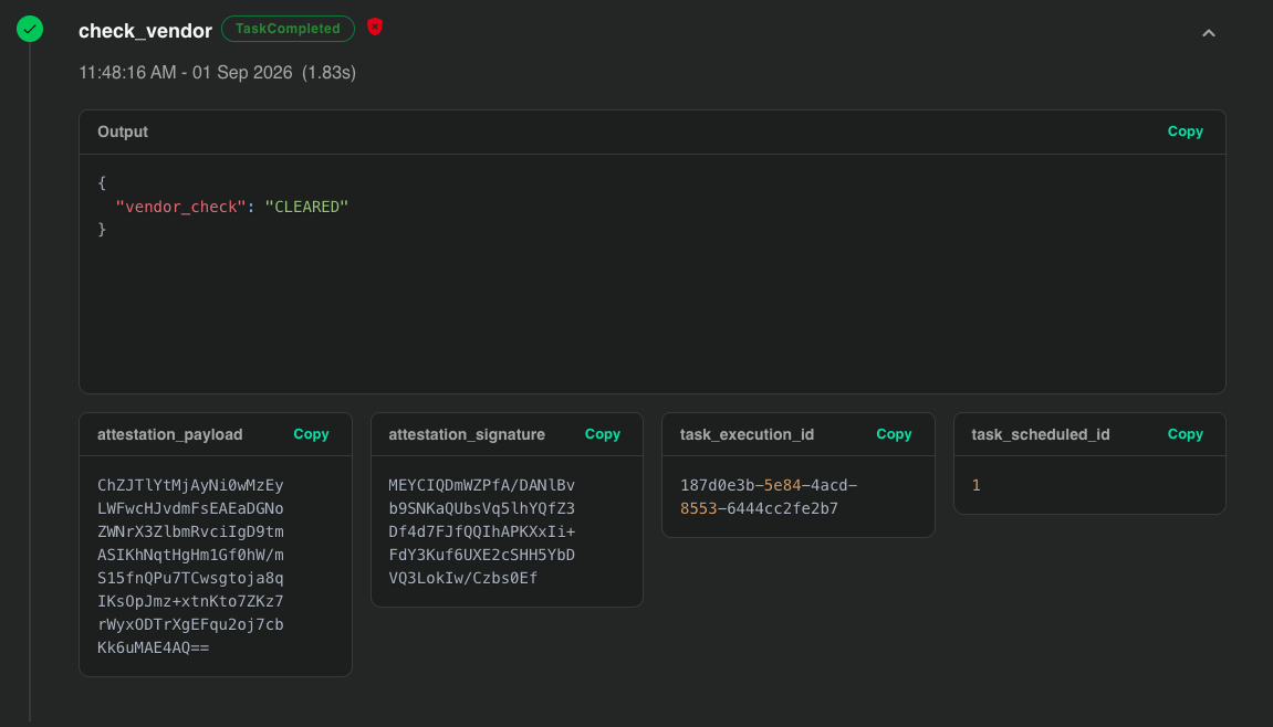 check_vendor event - the CLEARED output beside its attestation payload and signature