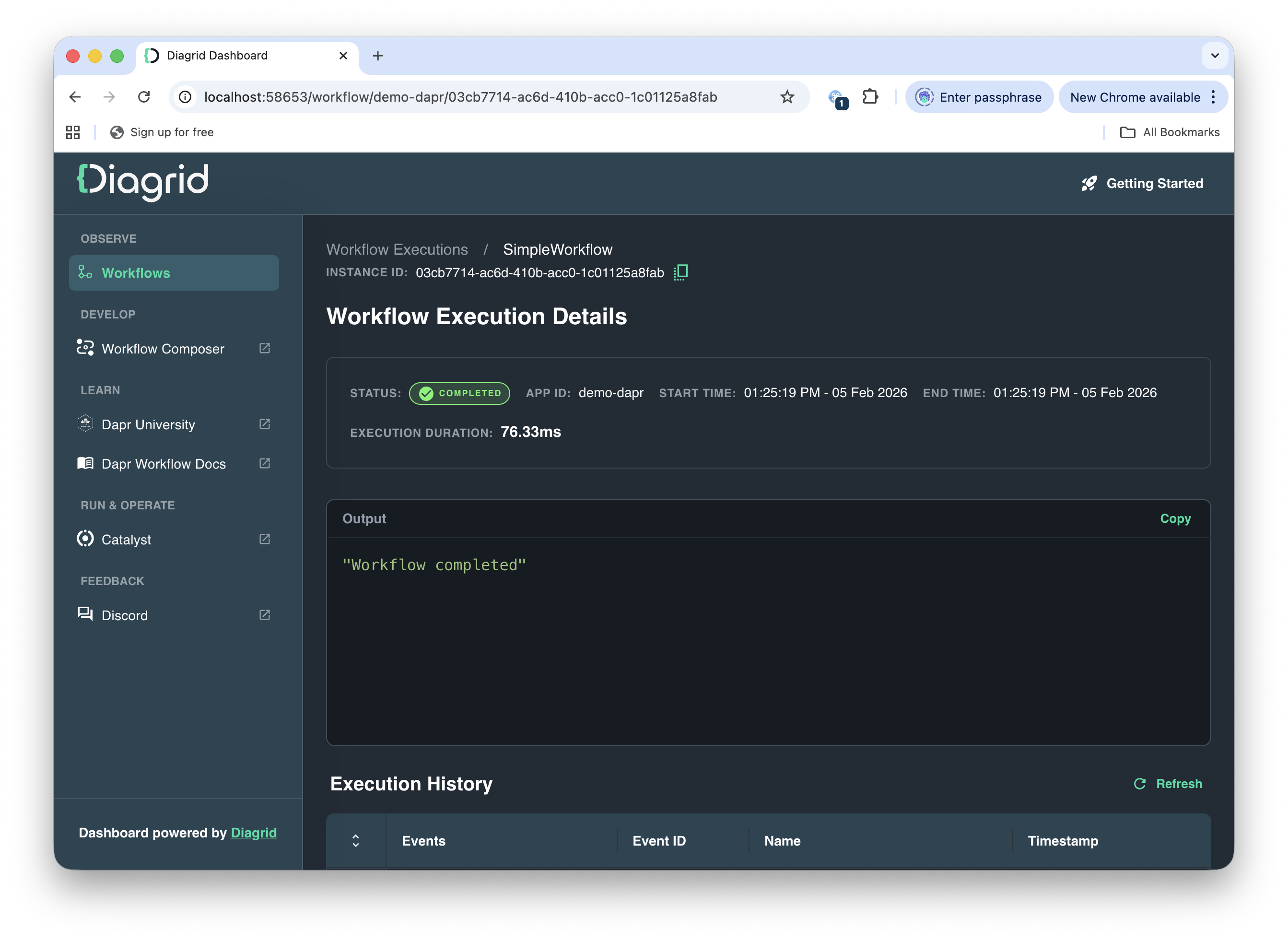 Diagrid's Workflows Dashboard